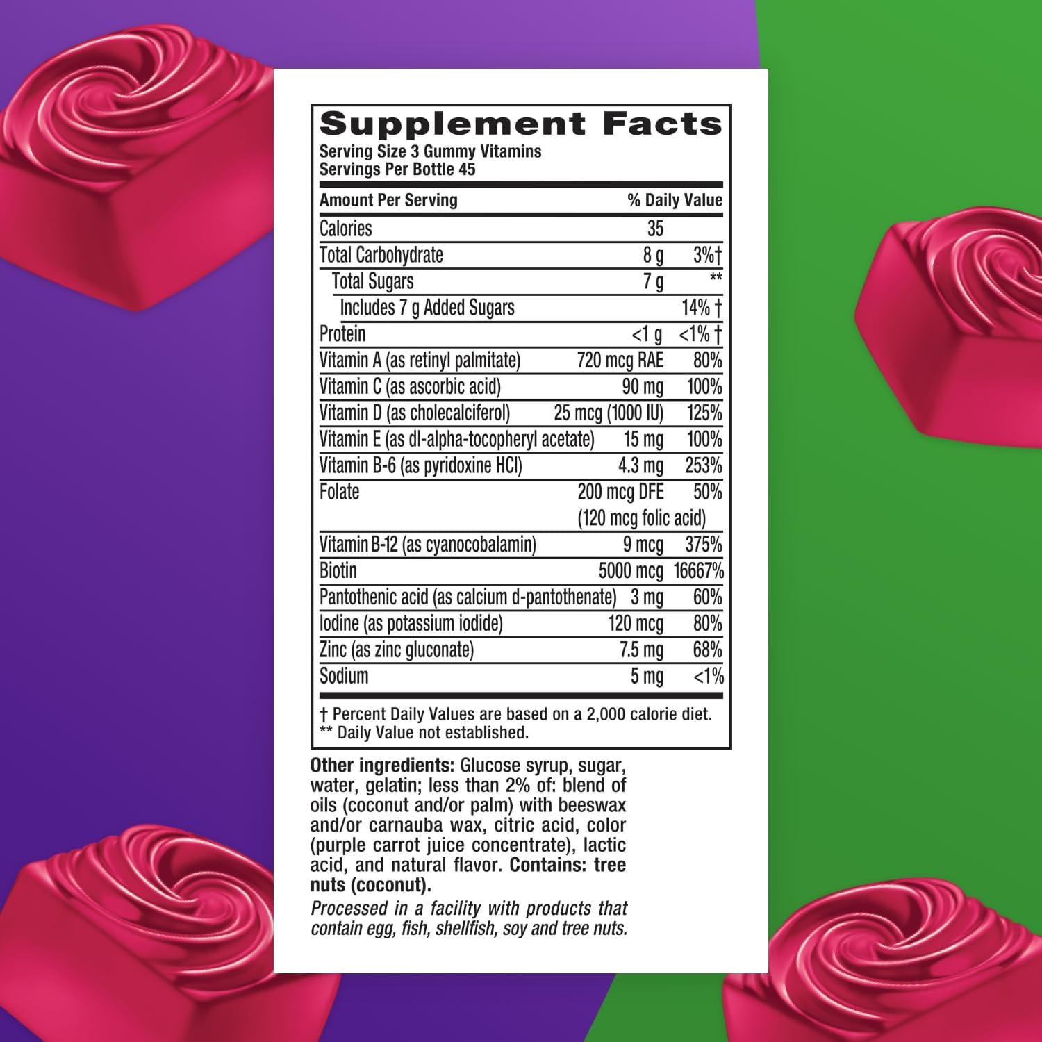 Vitafusion Gorgeous Hair, Skin & Nails Gomitas Multivitamínicas con Biotina y Vitaminas C y E, Sabor Frambuesa, 135 gominolas