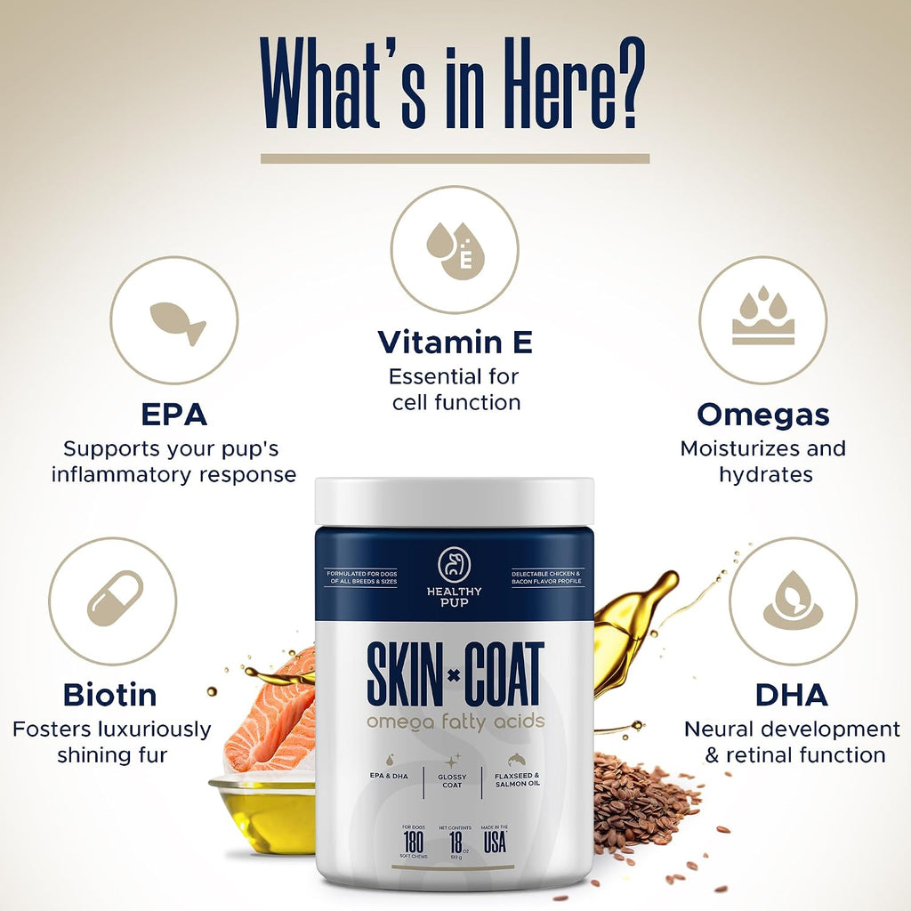 Healthy Pup Suplementos de Aceite de Pescado para Perros - 180 Golosinas Masticables - Omega 3, EPA, DHA, Biotina y Vitamina E - Piel y Pelaje Saludables