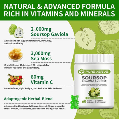 Pureverve Soursop Graviola Gummies con Musgo Marino y Zinc, Sin Azúcar, Vegano - 120 Gominolas (2 Paquete) – Image 2