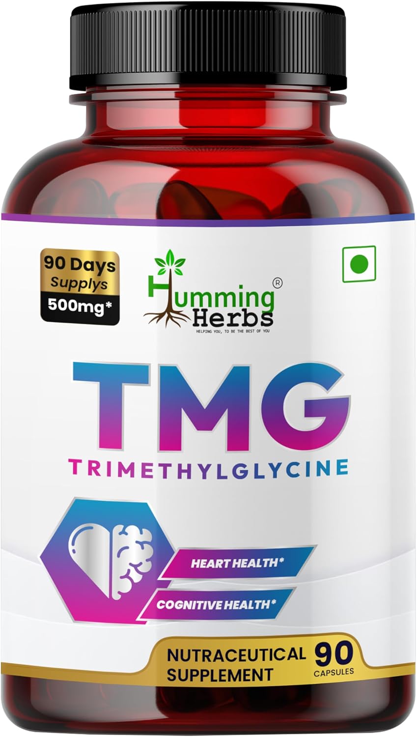 Humming Herbs TMG Suplemento de Trimetilglicina 500 mg – 90 Cápsulas Veganas | Encapsulación Microcristalina para Mayor Biodisponibilidad | Donante de Metilo para el Apoyo del Corazón, Cerebro y Homocisteína