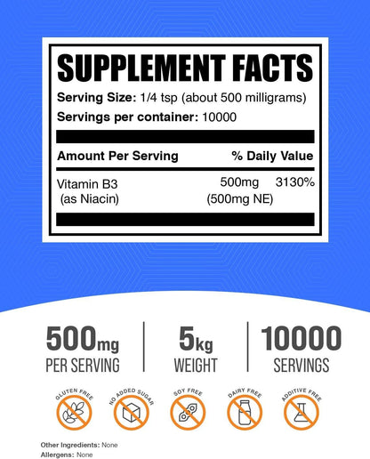 Niacina en Polvo - Vitamina B3 (500mg por – La niacina contribuye al funcionamiento normal del sistema nervioso. – Image 2