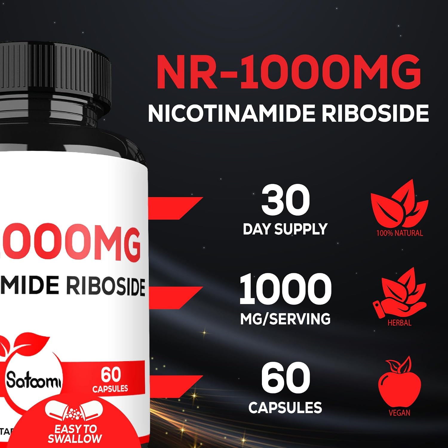 Satoomi NAD Nicotinamida Ribósido - Suplemento NR 1000mg - 60 Cápsulas (30 Días)