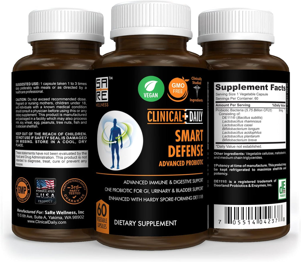 CLINICAL DAILY Smart Defense Mega Spore Probiotic - Probiótico de Esporas con Bacillus Subtilis y Lactobacillus Plantarum - 60 Cápsulas Veganas