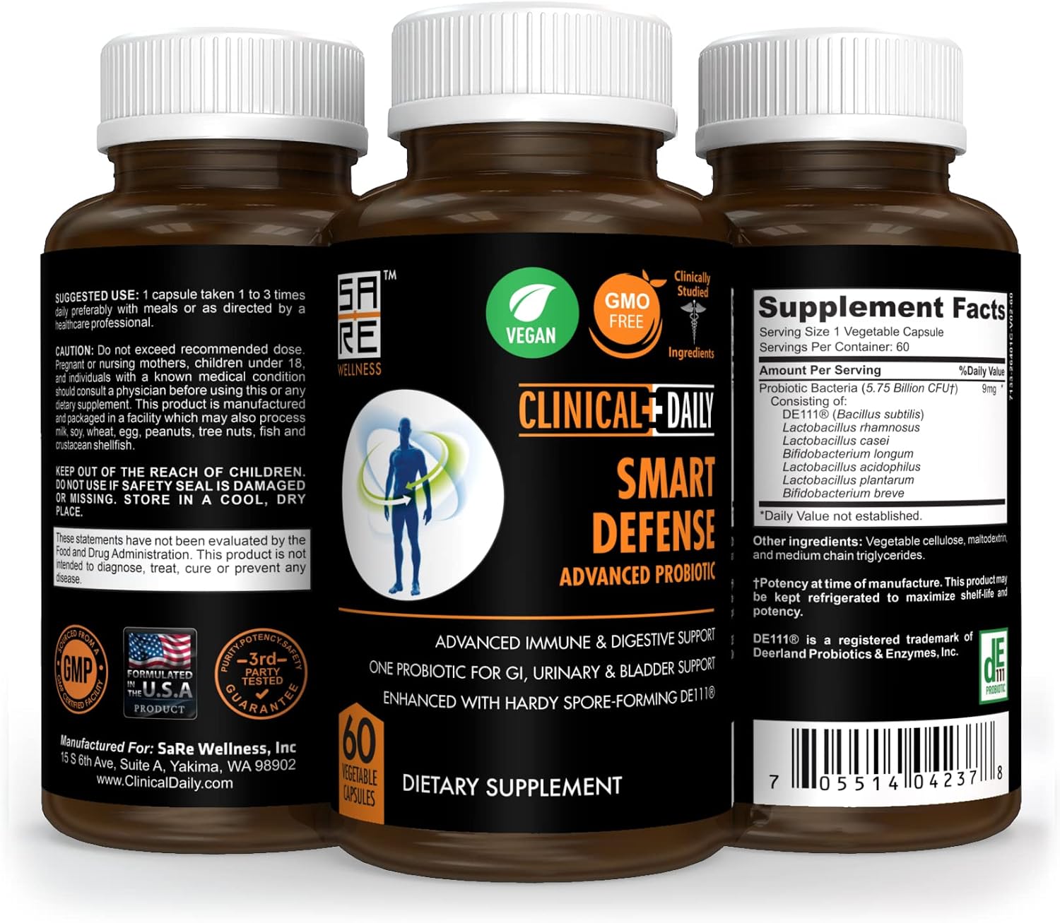 CLINICAL DAILY Smart Defense Mega Spore Probiotic - Probiótico de Esporas con Bacillus Subtilis y Lactobacillus Plantarum - 60 Cápsulas Veganas