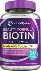 Doctor's Recipes Biotin 10,000 mcg con Aceite de Coco - Suplemento Vegetariano para Metabolismo Energético y Mantenimiento del Cabello (90 Softgels)