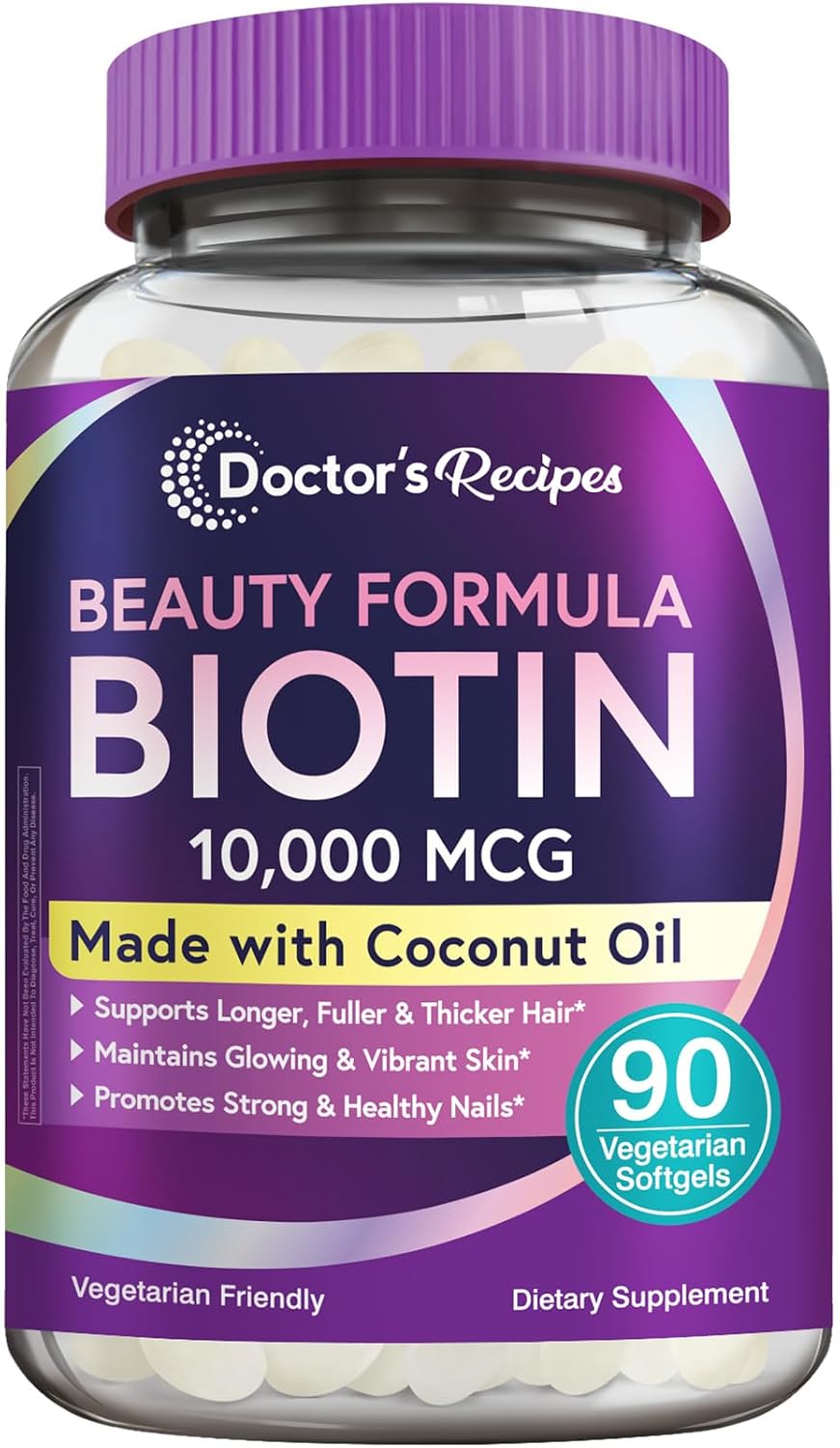 Doctor's Recipes Biotin 10,000 mcg con Aceite de Coco - Suplemento Vegetariano para Metabolismo Energético y Mantenimiento del Cabello (90 Softgels)