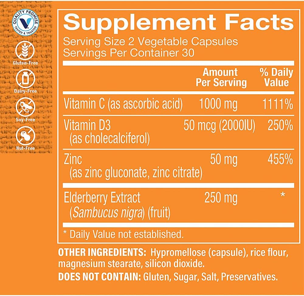 The Vitamin Shoppe Immune Essentials - Vitamina C, Vitamina D3, Zinc y Extracto de Saúco (60 Cápsulas)