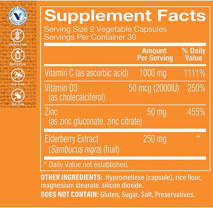 The Vitamin Shoppe Immune Essentials - Vitamina C, Vitamina D3, Zinc y Extracto de Saúco (60 Cápsulas) – Image 2