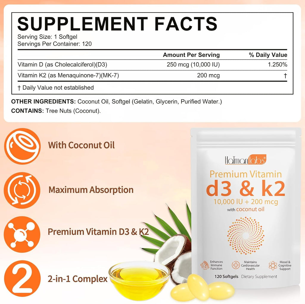 Newseel Vitamina D3 y K2 con Aceite de Coco – 120 Cápsulas Blandas