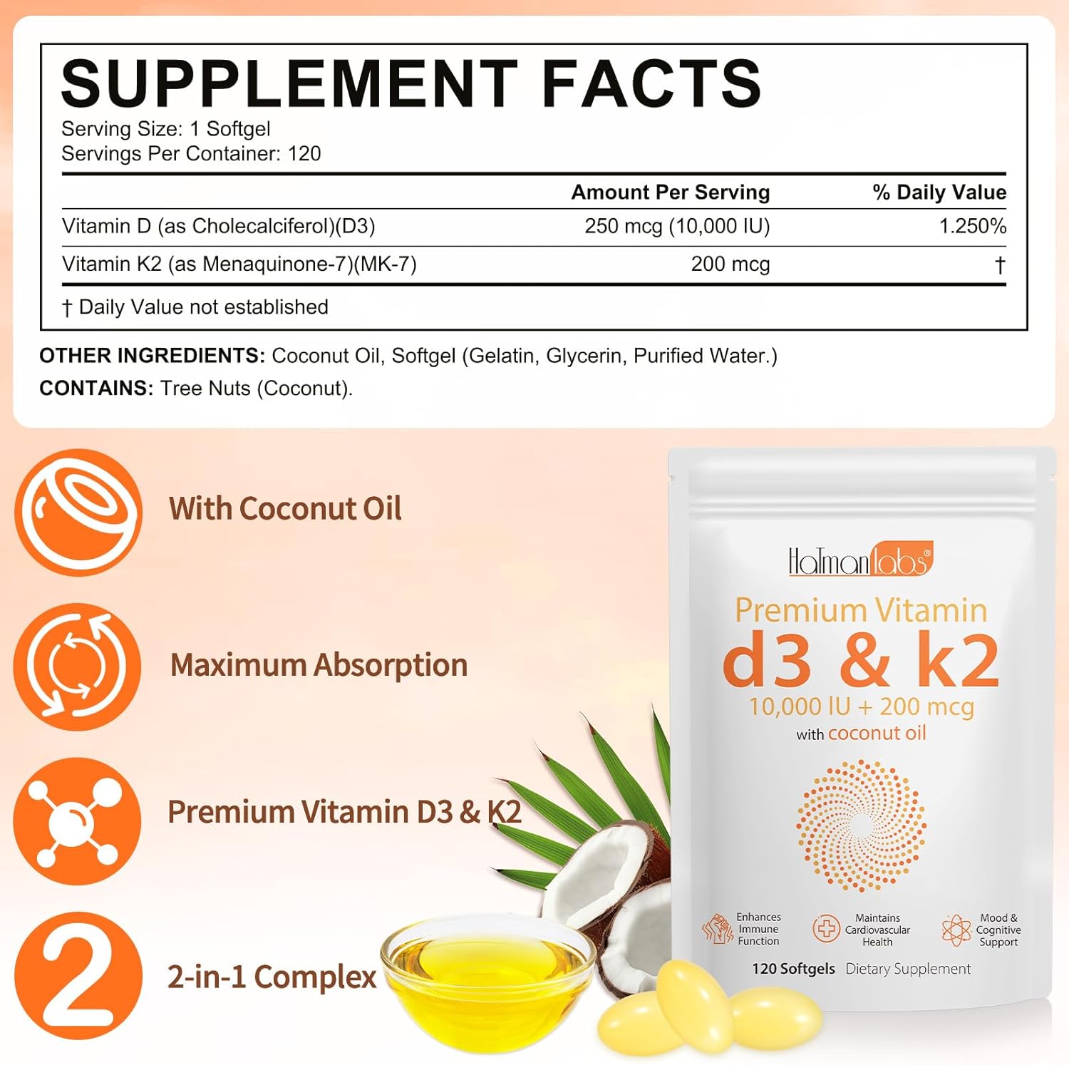 Newseel Vitamina D3 y K2 con Aceite de Coco – 120 Cápsulas Blandas