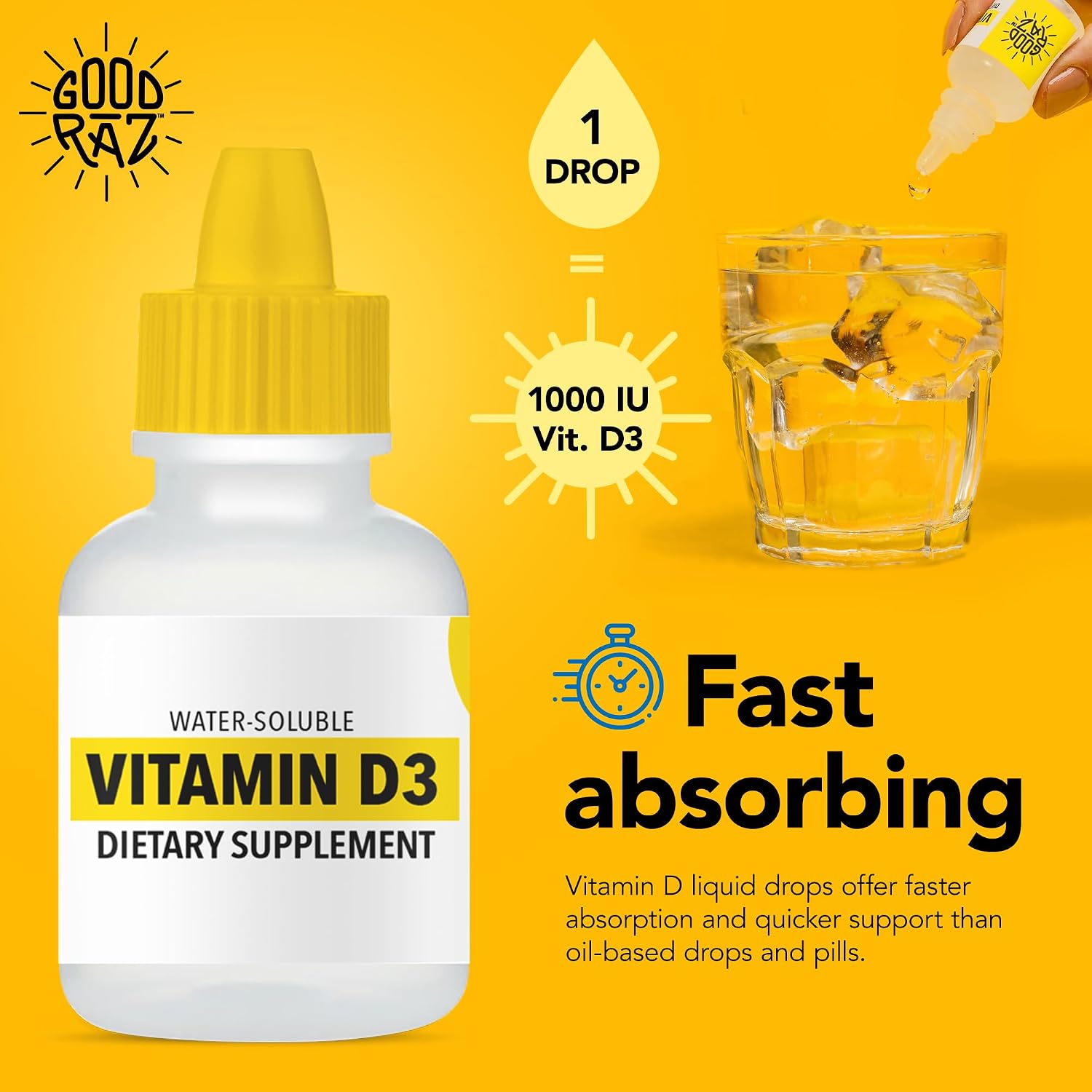 Good Raz Vitamina D3 Gotas para Adultos - Suministro para 4 Meses - Vitamina D Líquida Hidrosoluble, No GMO, Kosher