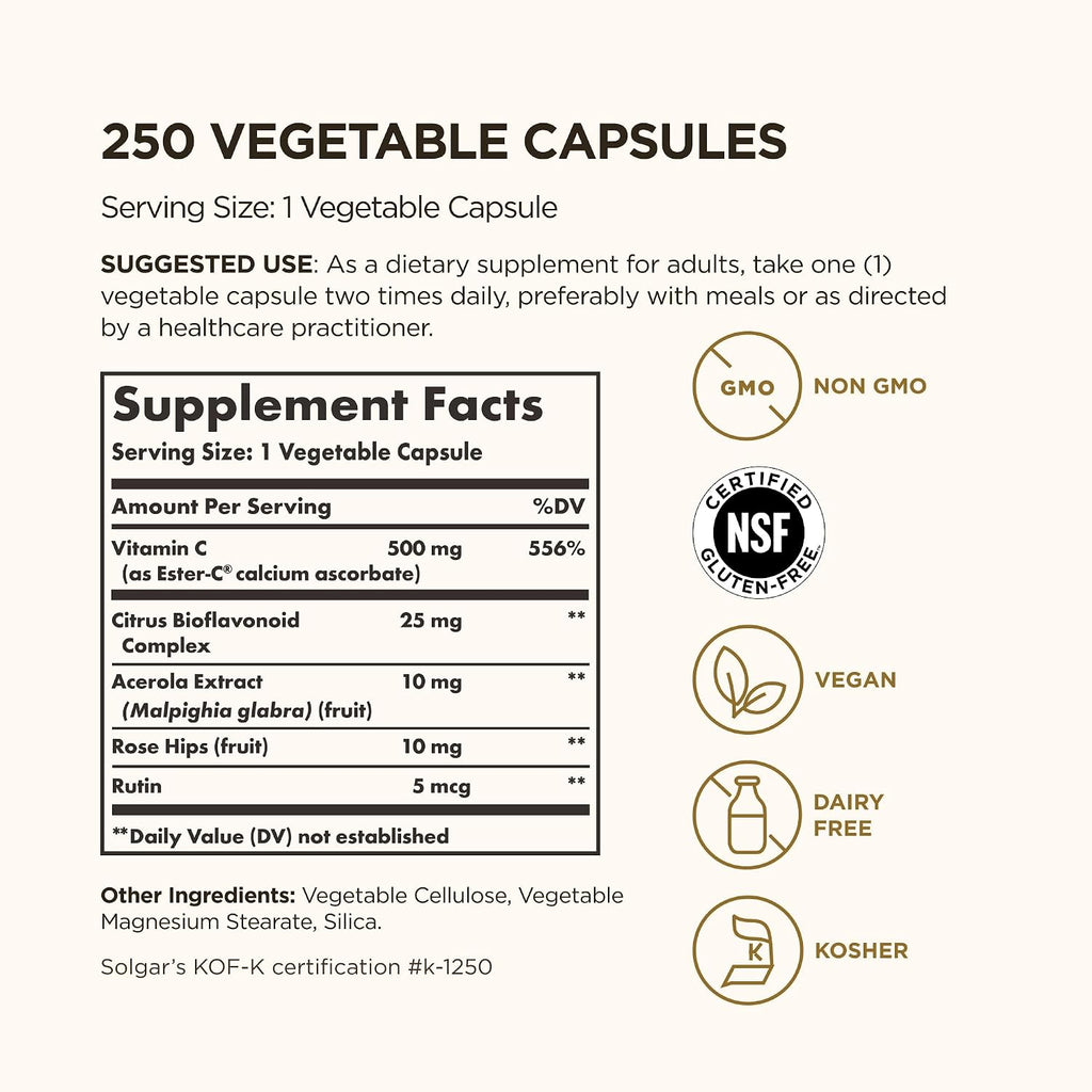 Solgar Ester-C Plus 500 mg Vitamina C (Complejo Ascorbato) - 250 Cápsulas Vegetales