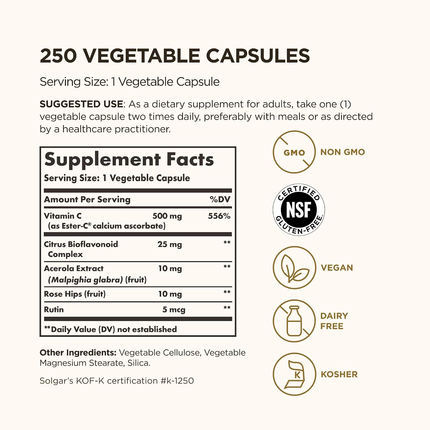 Solgar Ester-C Plus 500 mg Vitamina C (Complejo Ascorbato) - 250 Cápsulas Vegetales
