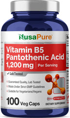 NusaPure Ácido Pantoténico (Vitamina B5) 1200 mg por dosis, 100 Cápsulas Vegetales, Vegano, sin OGM
