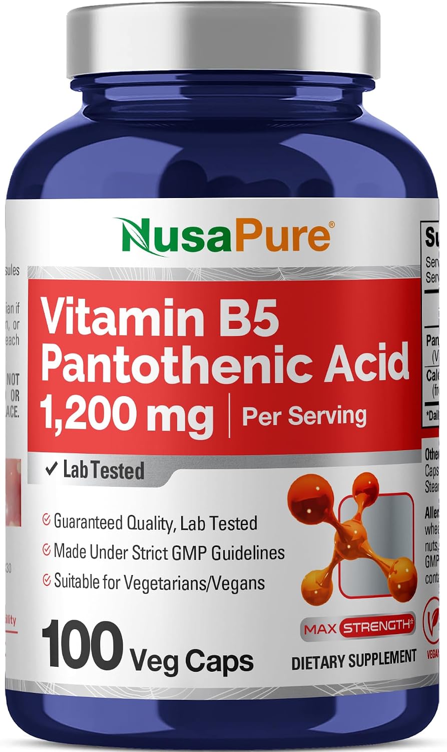 NusaPure Ácido Pantoténico (Vitamina B5) 1200 mg por dosis, 100 Cápsulas Vegetales, Vegano, sin OGM