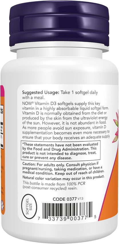 NOW Foods Vitamin D-3 2,000 IU, Alta Potencia, 240 Cápsulas Blandas – Image 3