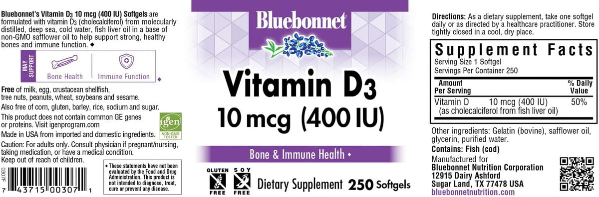 BlueBonnet Vitamina D3 400 UI, Cápsulas – Ayuda a mantener los niveles normales de calcio en sangre. – Image 2