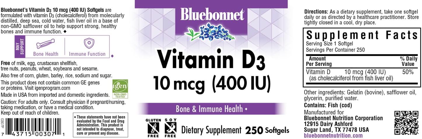 BlueBonnet Vitamina D3 400 IU, Vegetable Capsules, 250 Count