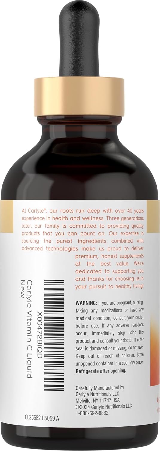 Carlyle Vitamina C Gotas Líquidas | 118 ml | Ácido Ascórbico y Ascorbato Sódico | Sabor Naranja | Vegano, Sin Gluten, Sin OMG