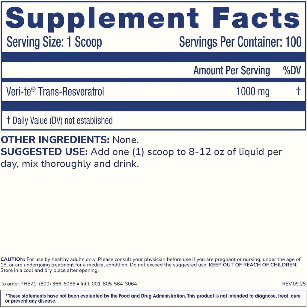 ProHealth Longevity Trans-Resveratrol en Polvo 100 Gramos - Grado Farmacéutico, 1000 mg por Porción
