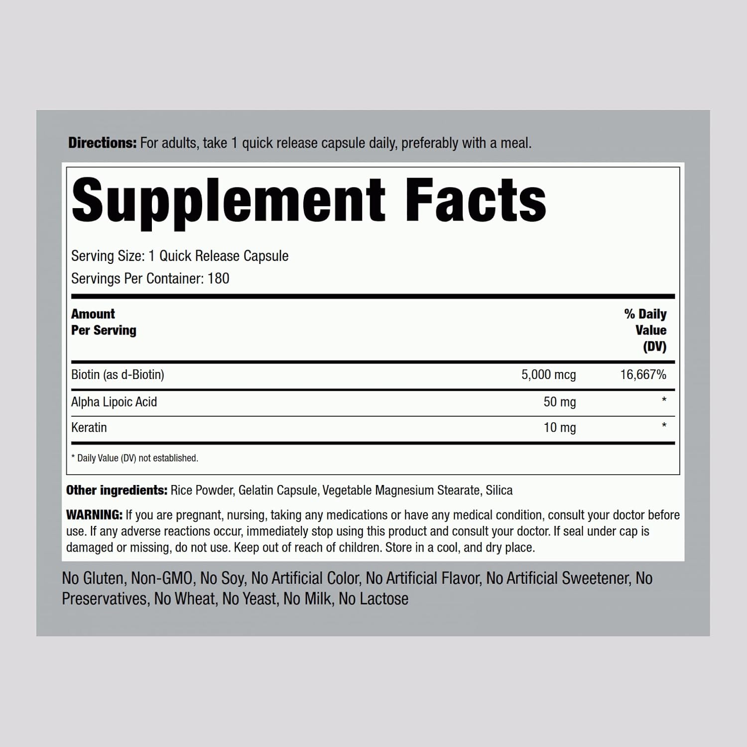 Piping Rock Biotina 5000mcg con Keratina y Ácido Alfa Lipóico – 180 Cápsulas