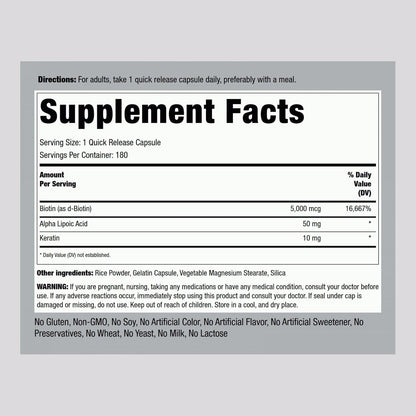 Piping Rock Biotina 5000mcg con Keratina y Ácido Alfa Lipóico – 180 Cápsulas – Image 2