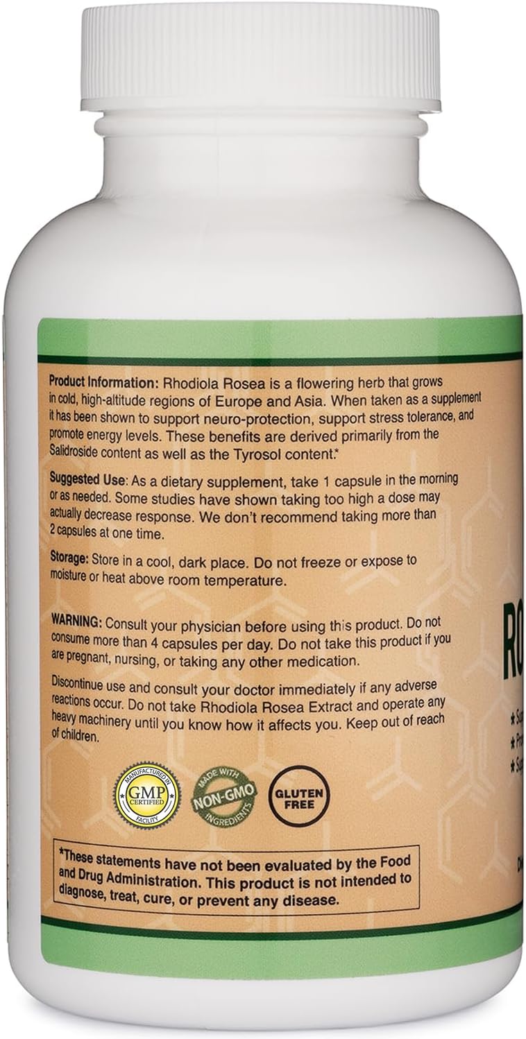 Rhodiola Rosea 500mg, 120 Cápsulas Veganas - Extracto Estandarizado (3% Salidrósidos, 1% Rosavinas) by Double Wood