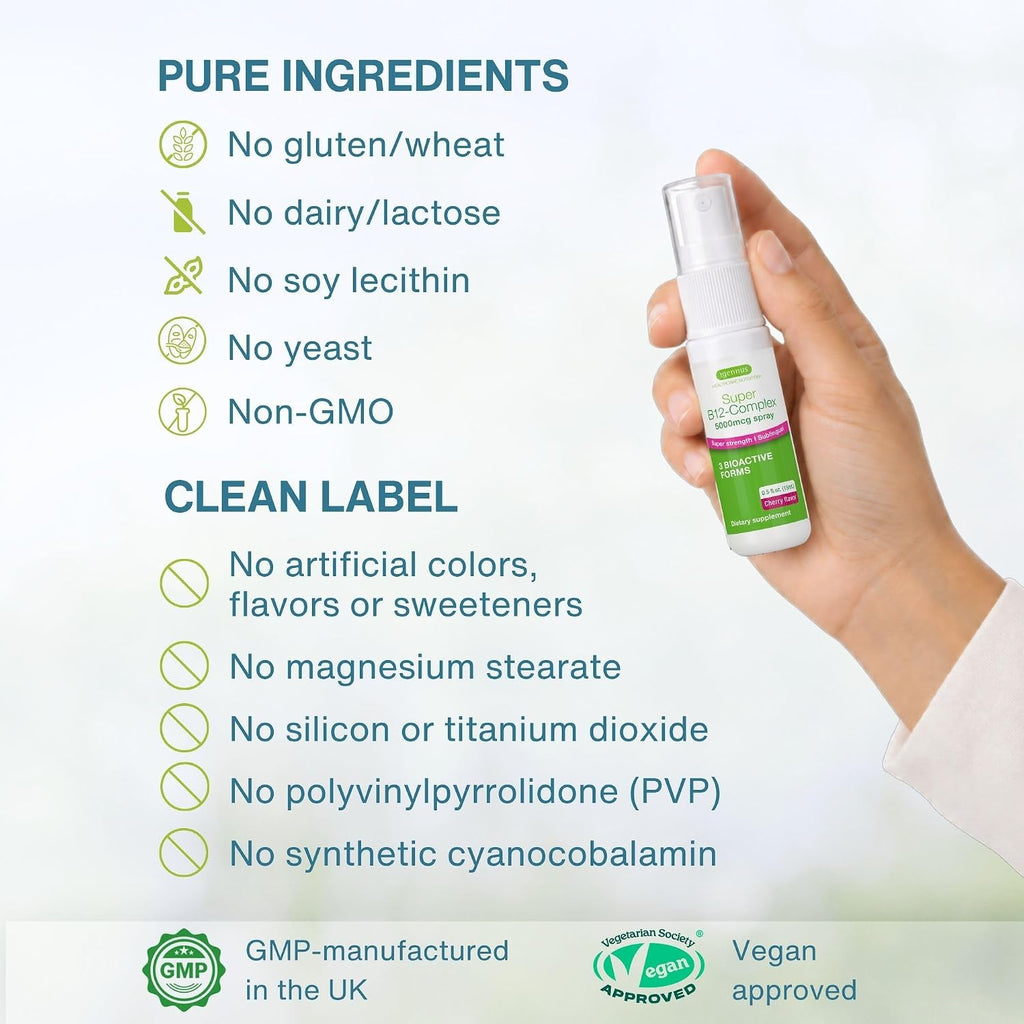 Igennus Triple Complejo de Vitamina B12 5000mcg Spray Sublingual, Metilcobalamina, Adenosilcobalamina e Hidroxocobalamina, 45 Servicios, Vegano