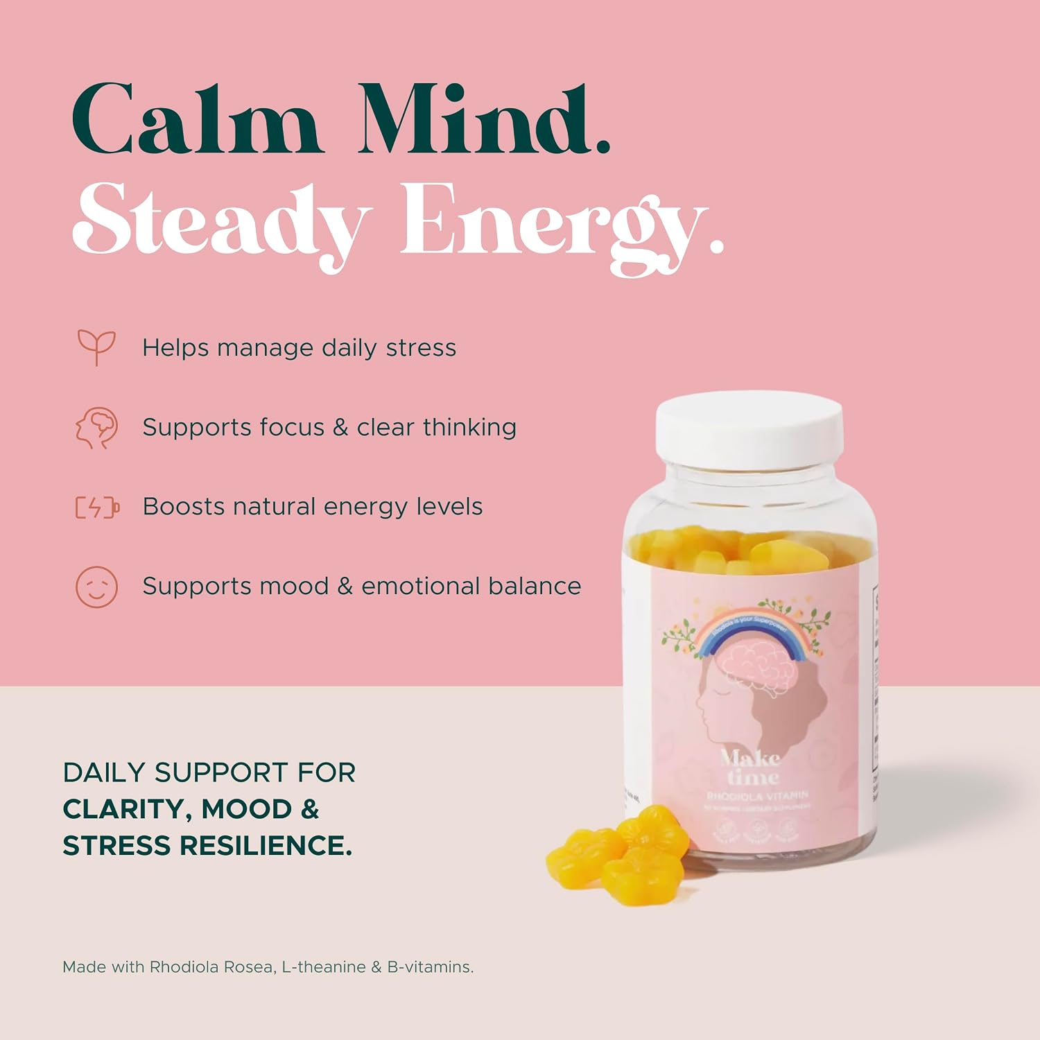 MAKE TIME Rhodiola Gummies para Mujeres - Apoyo Cerebral y Estrés - 30 Gomitas Sin Azúcar