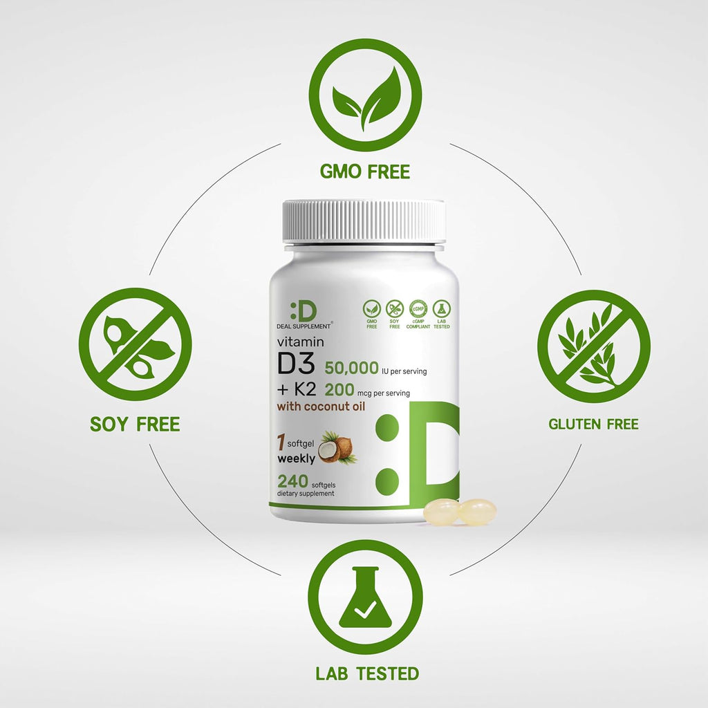 DEAL SUPPLEMENT Vitamina D3 50.000 UI + K2 MK7 200 mcg, 240 Cápsulas Blandas