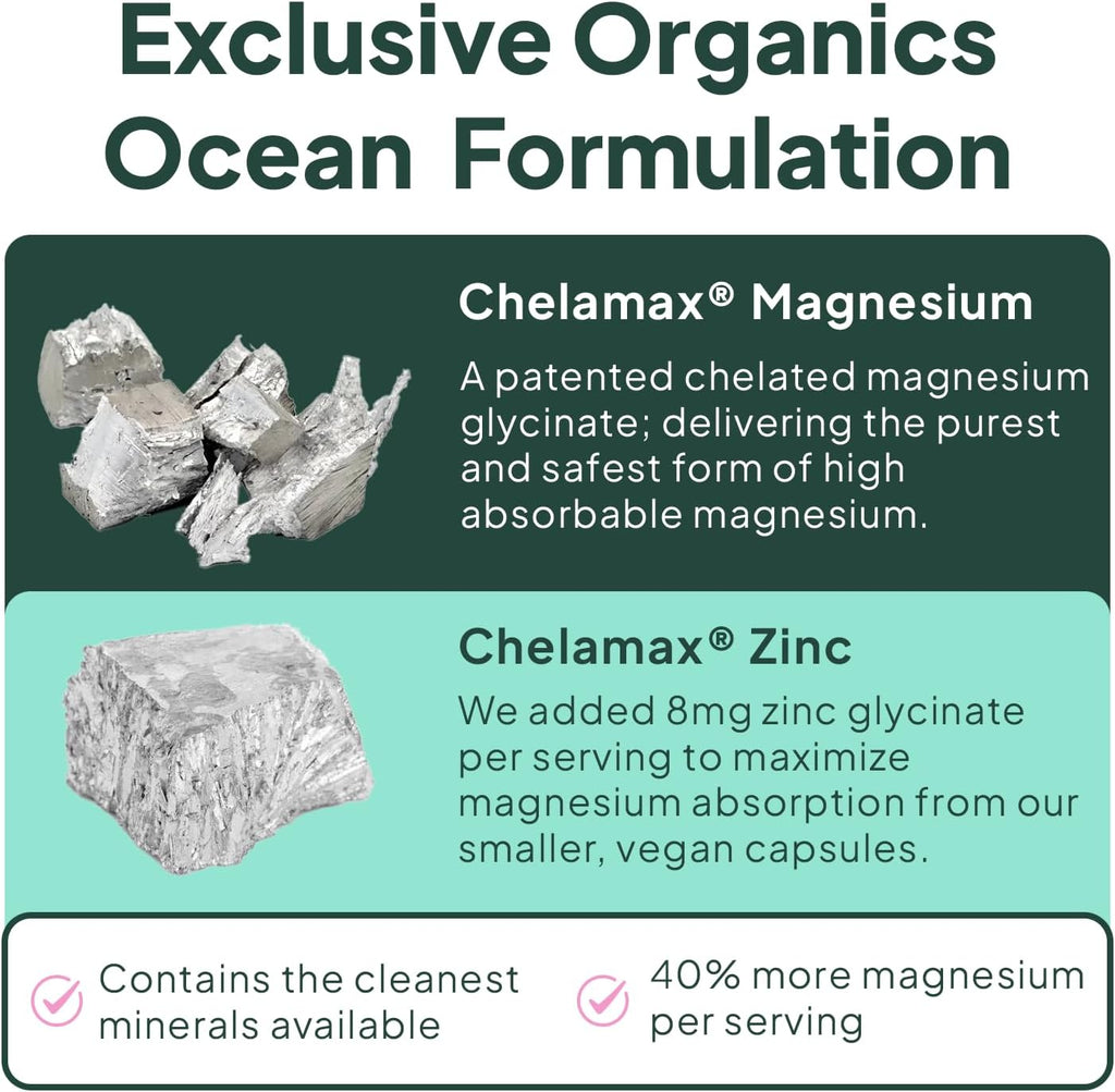 Organics Ocean Magnesio Glicinato Puro con Zinc - Suplemento de Magnesio Quelado de Máxima Potencia para Mujeres y Hombres, Ayuda contra Calambres Musculares y Favorece el Sueño - 6 Frascos