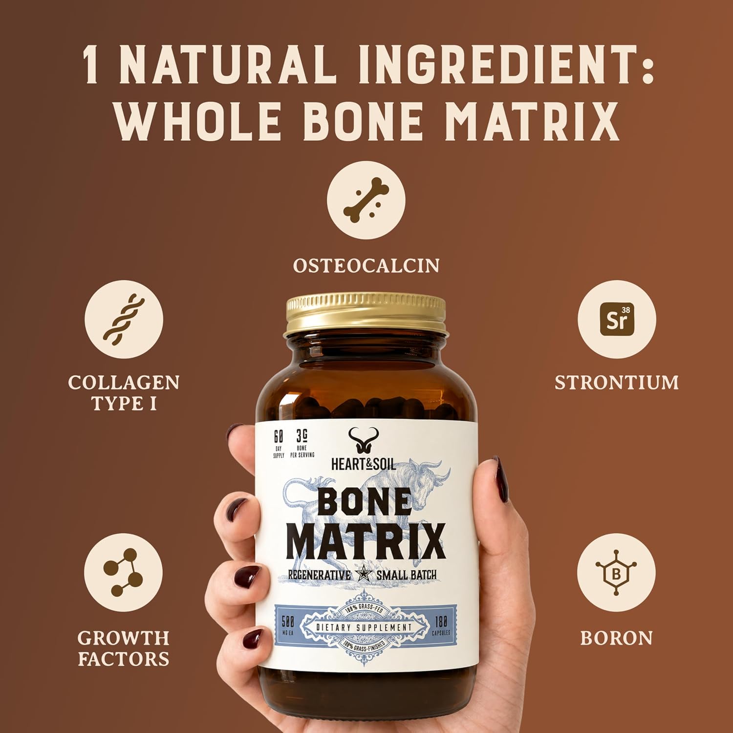 HEART & SOIL Grass Fed Bone Matrix — Matriz Ósea de Pasto 180 Cápsulas
