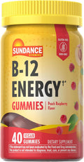 Sundance Vitamins B-12 Energy Gummies - Gominolas de Vitamina B12 con Ashwagandha y L-Carnitina - 40 Gominolas Veganas Sabor Melocotón y Frambuesa