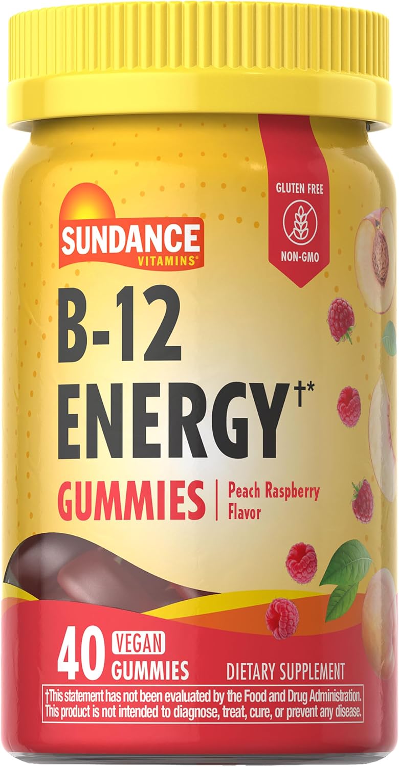 Sundance Vitamins B-12 Energy Gummies - Gominolas de Vitamina B12 con Ashwagandha y L-Carnitina - 40 Gominolas Veganas Sabor Melocotón y Frambuesa