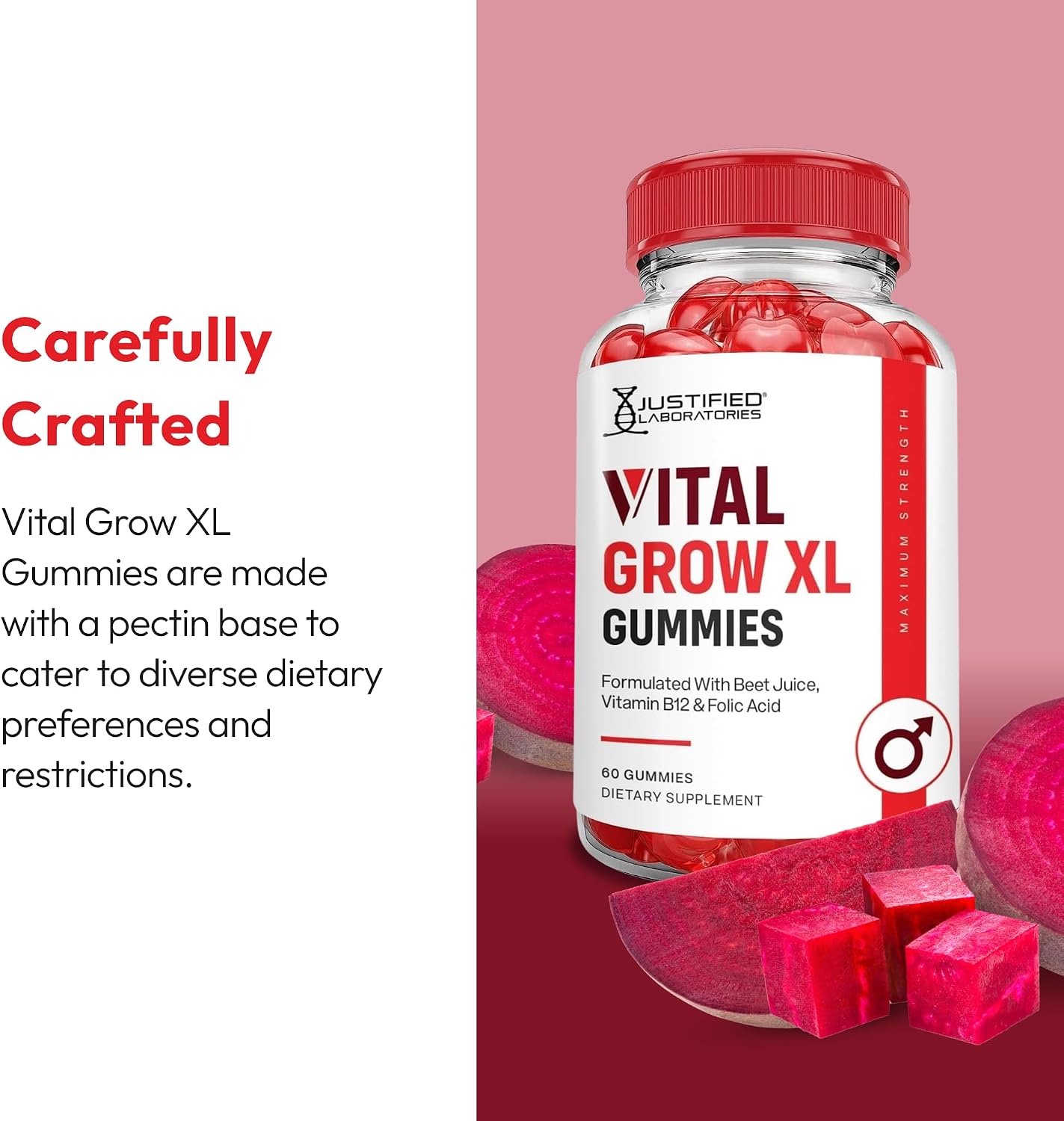 Justified Laboratories Vital Grow XL Gummies - 1000 mg de Vinagre de Manzana con Vitamina B12 y Folato - Pack de 3 (180 Gominolas) - Vegano y Sin Gluten