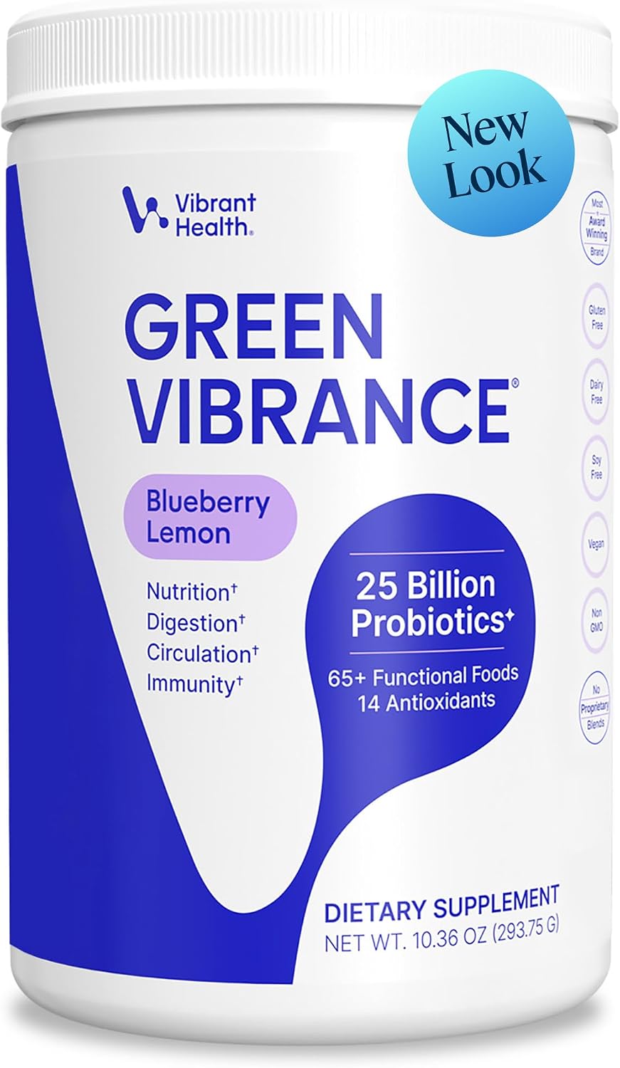 Vibrant Health Green Vibrance, Superfoods en Polvo con 70+ Superalimentos y 25 Mil Millones de Probióticos, Sabor Limón-Arándano, 25 Servicios