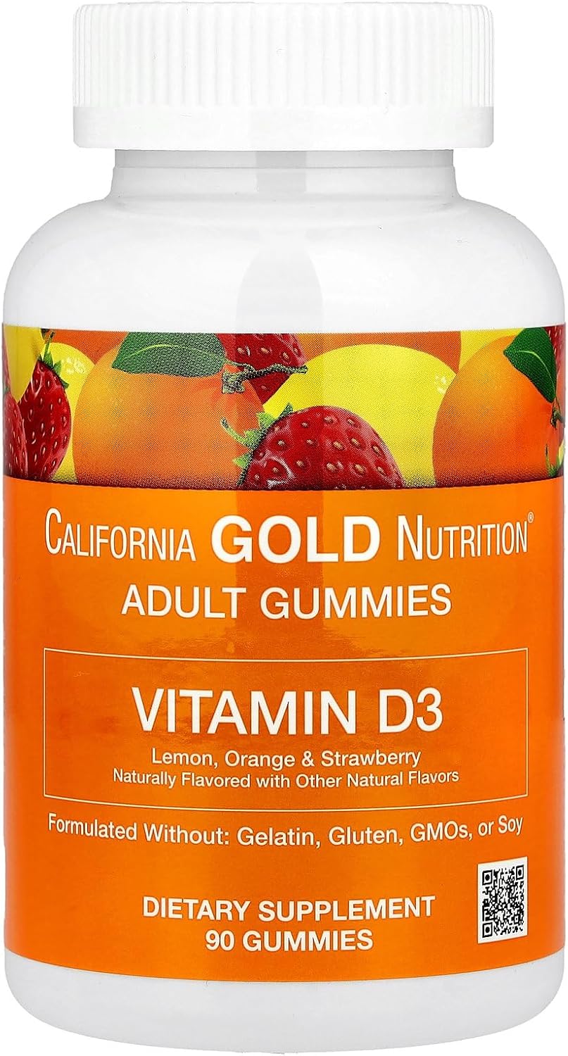 California Gold Nutrition Vitamina D3 Gominolas, Sabor Limón, Naranja y Fresa, 90 Gominolas (25 mcg / 1000 IU por Gominola)