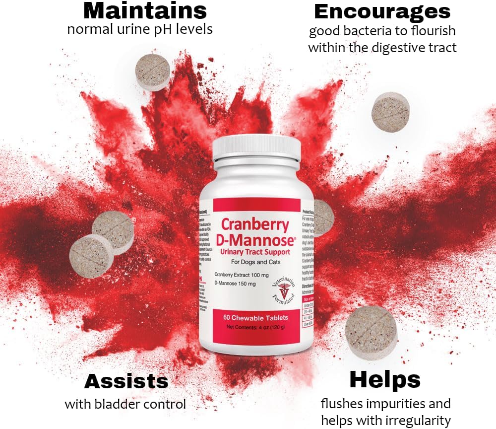Cranberry & D-Mannose Urinary Tract Supplement for Dogs & Cats - Bladder & Urinary Tract Health Support - Cranberry Extract, D-Mannose & Vitamin C - 60 Chewable Tablets