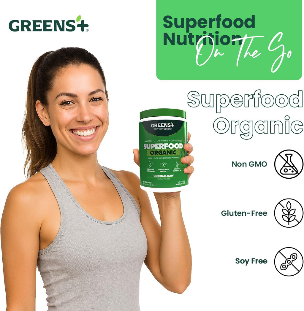 Greens+ Polvo de superalimento orgánico RAW - Superalimento Orgánico en Polvo (240 g)