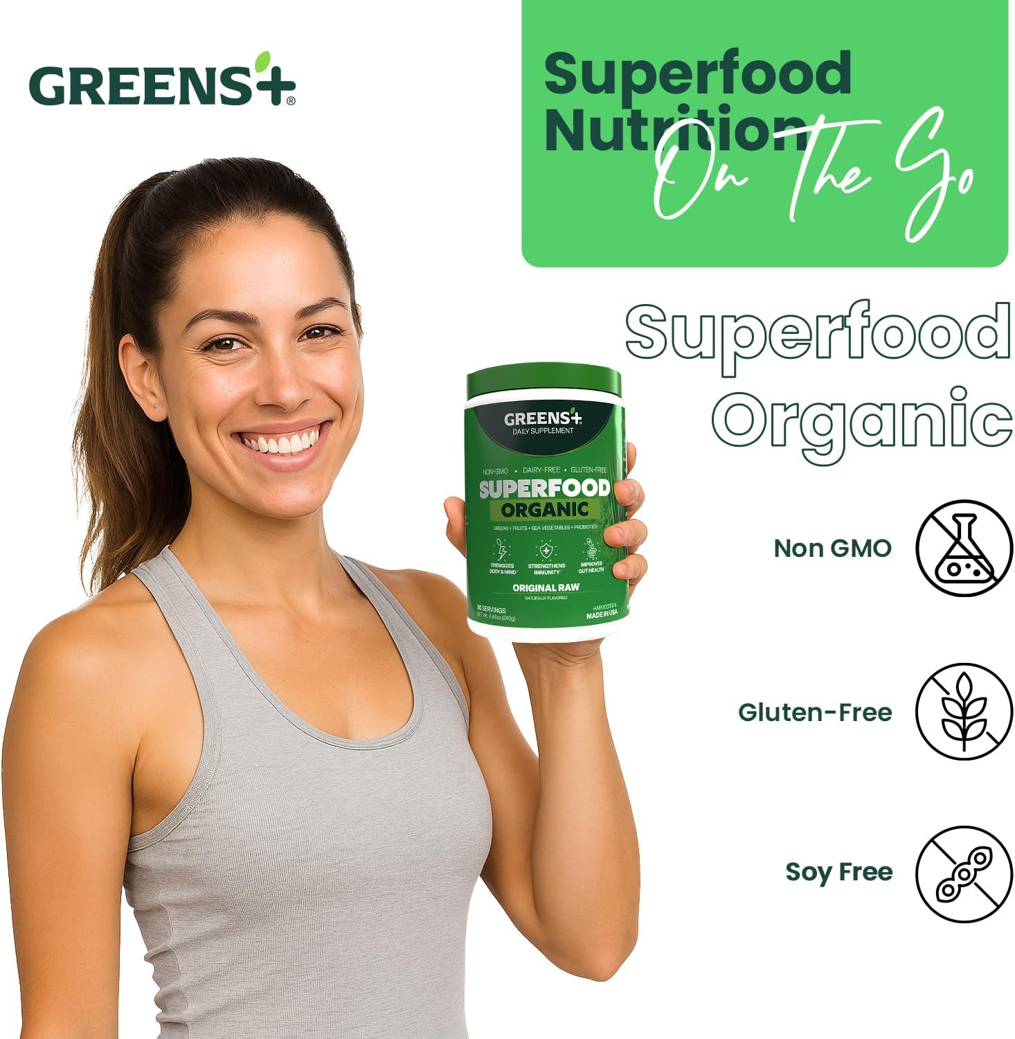 Greens+ Polvo de superalimento orgánico RAW - Superalimento Orgánico en Polvo (240 g)