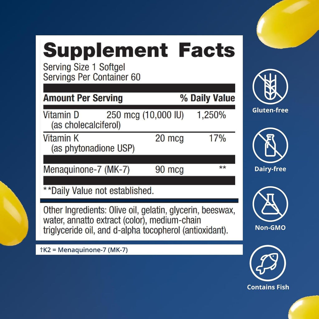 Metagenics Vitamina D3 y K2 10.000 UI con MK-7 – 60 Cápsulas Blandas