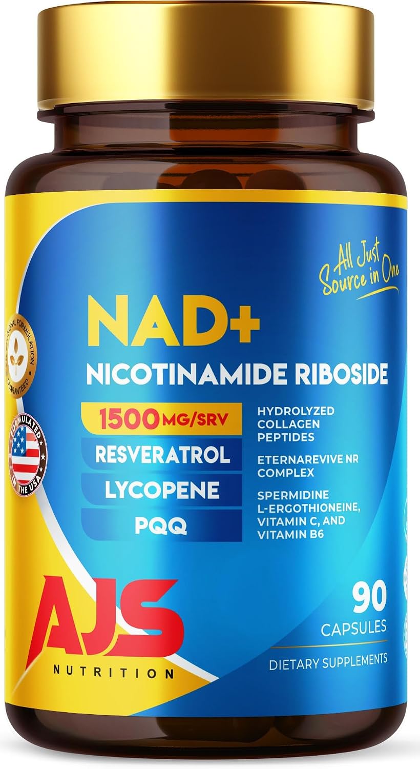 AJS NAD+ Cellular Energy – Suplemento NR con PQQ, Resveratrol, Licopeno y Colágeno – 90 Cápsulas