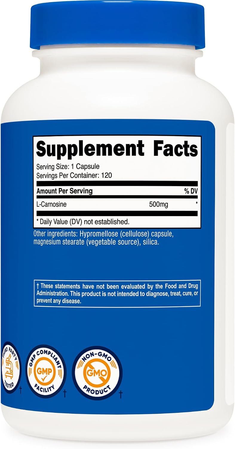 Nutricost L-Carnosina 500mg, 120 Cápsulas - Sin Gluten y No GMO