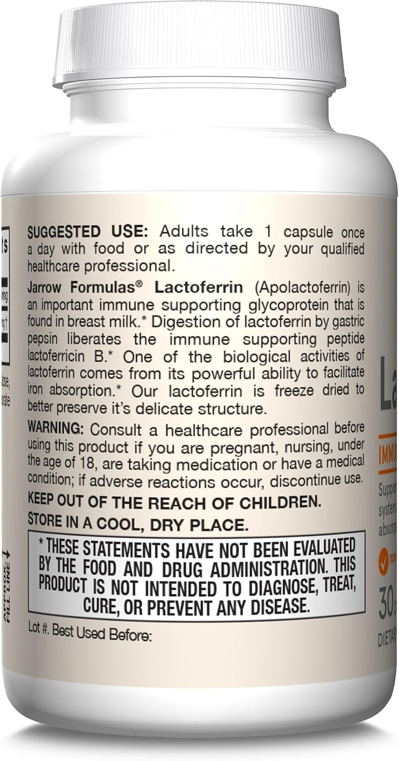 Jarrow Formulas Lactoferrina 250 mg - 30 Cápsulas - Apoyo Inmunitario y Absorción de Hierro