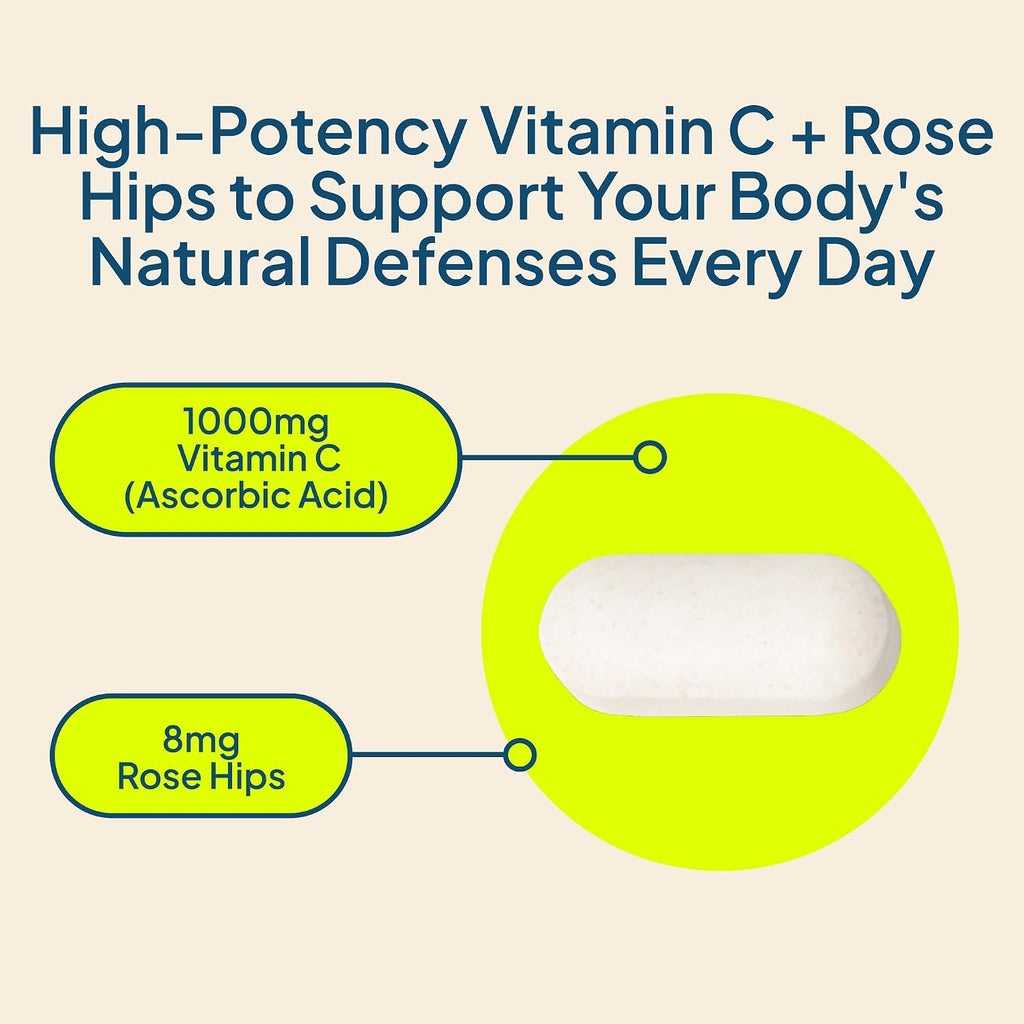 Nature's Wonder Vitamina C 1000mg con Rosa Mosqueta - Suplemento de Alta Potencia para el Apoyo Inmunológico y Antioxidante Diario, Salud del Corazón y la Piel, Estado de Ánimo y Recuperación - Sin Gluten - 250 Comprimidos
