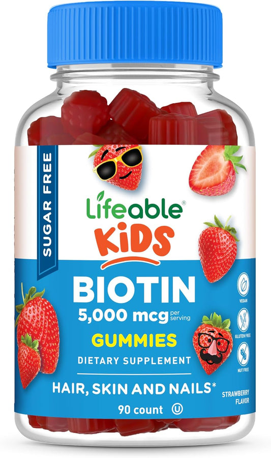 Lifeable Gomitas de Biotina Sin Azúcar para Niños – 5000mcg – 90 Gomitas con Sabor Frambuesa