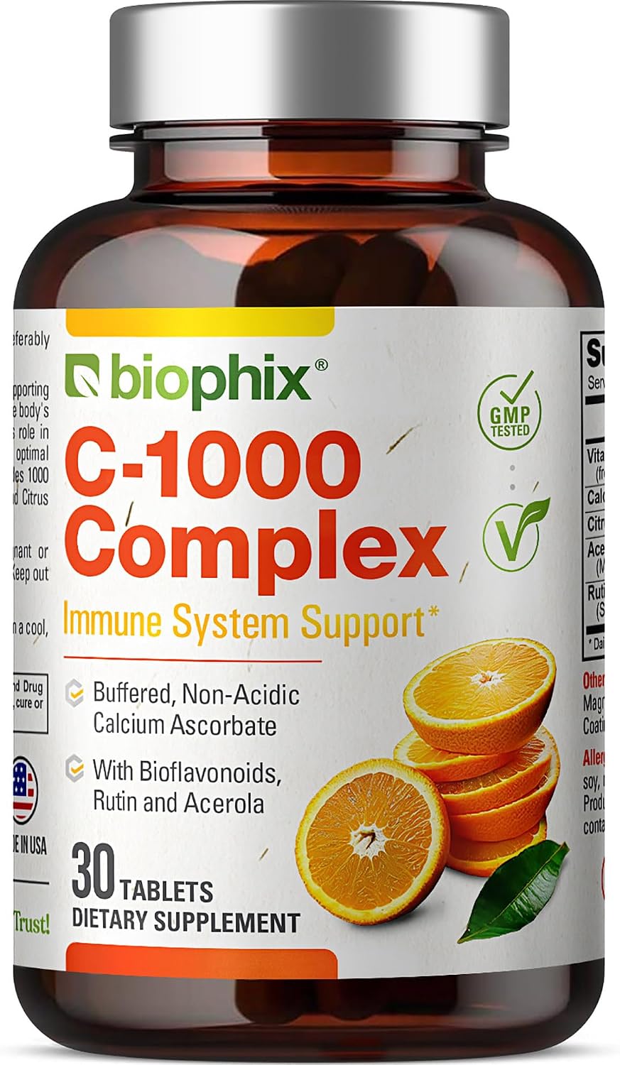 biophix Vitamin C 1000 mg - 30 Tablets - Vegan Complex with Calcium Ascorbate, Bioflavonoids, Acerola and Rutin