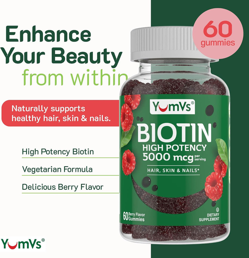 YUM-V'S YumVs Biotin Gummies 5000mcg - Sabor Frambuesa - 60 Gominolas (Envase de 2)