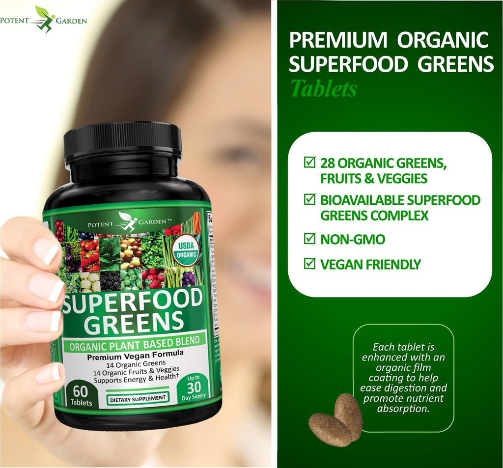 Potent Garden Super Greens Cápsulas - Complemento de Frutas y Verduras Orgánicas, 60 Comprimidos
