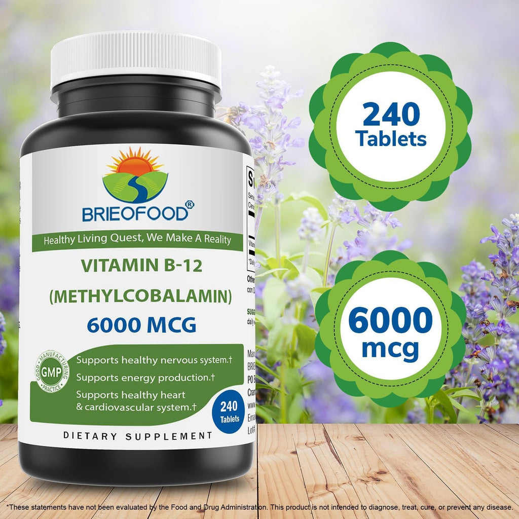 Brieofood Vitamina B-12 (Metilcobalamina) 6000 mcg - 240 Comprimidos, No OGM, Sin Gluten